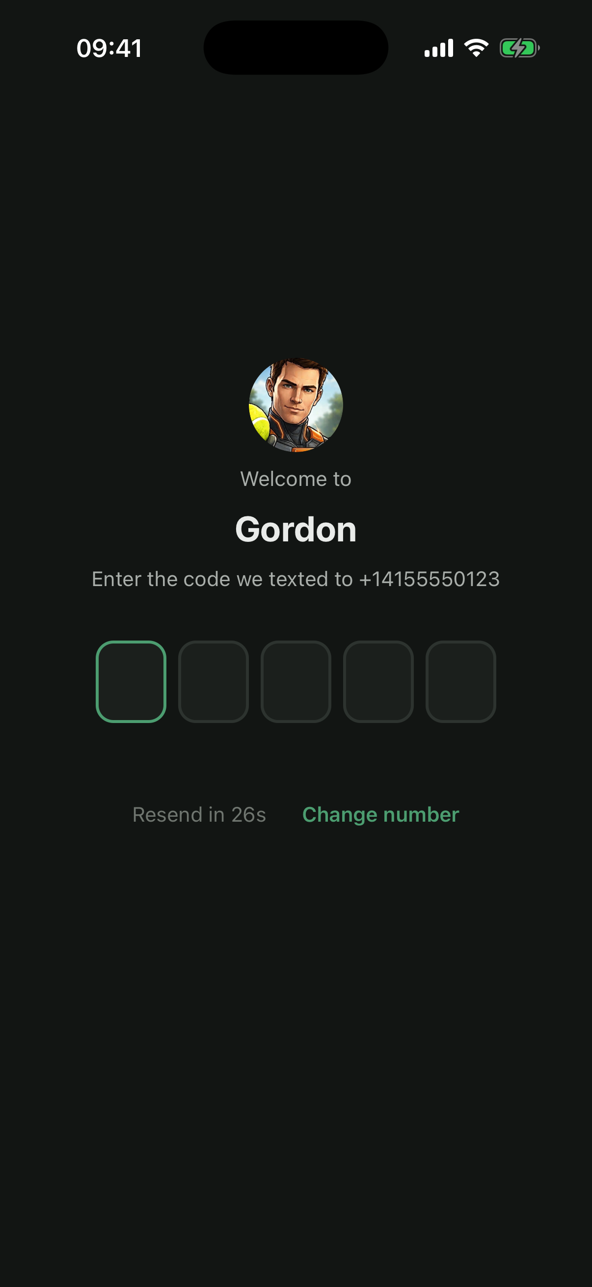 Gordon code entry screen asking for the code texted to the user's number