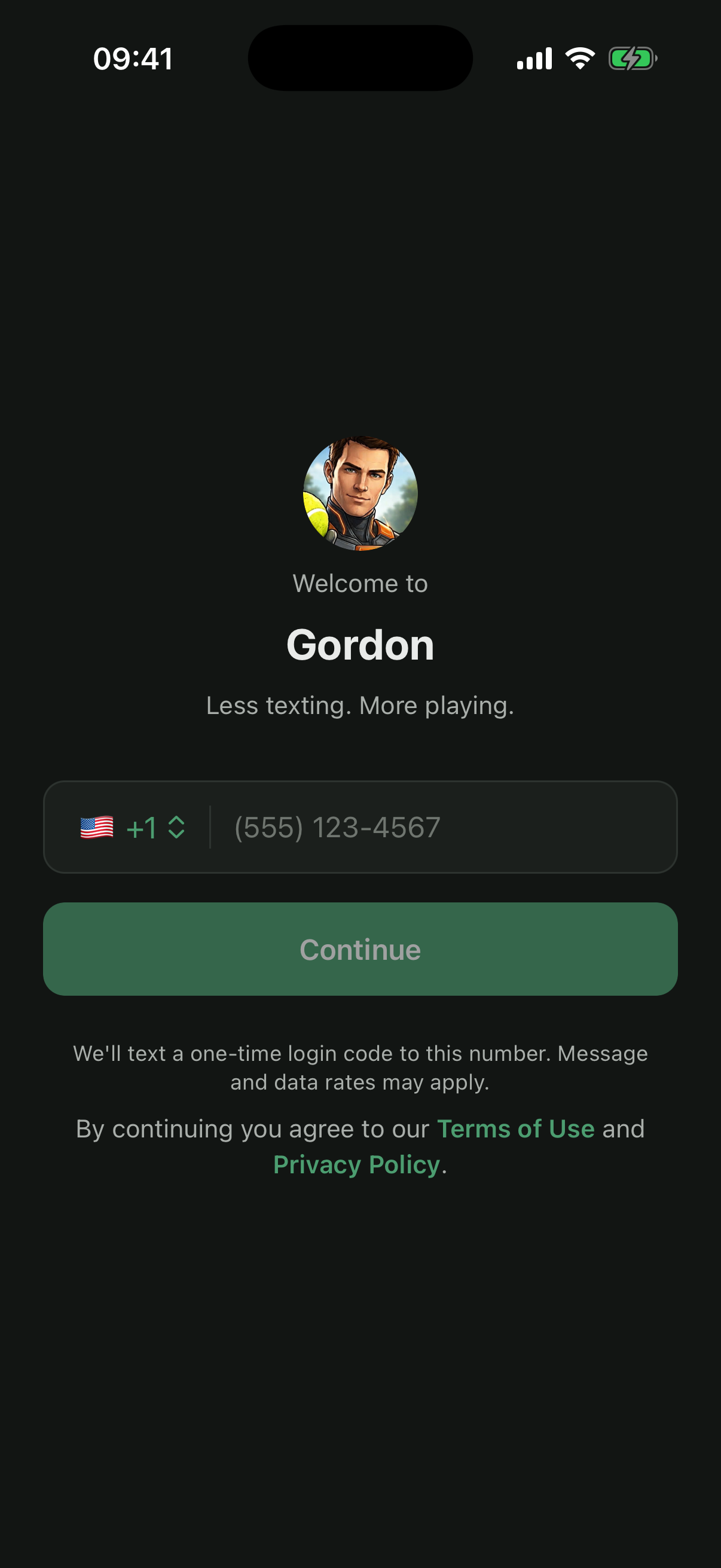 Gordon sign-in screen: phone number field, Continue button, and the SMS consent text below it