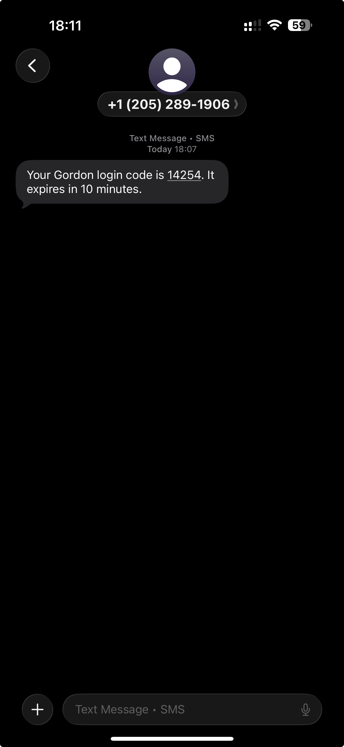 The verification SMS from +1 (205) 289-1906 as received in the Messages app